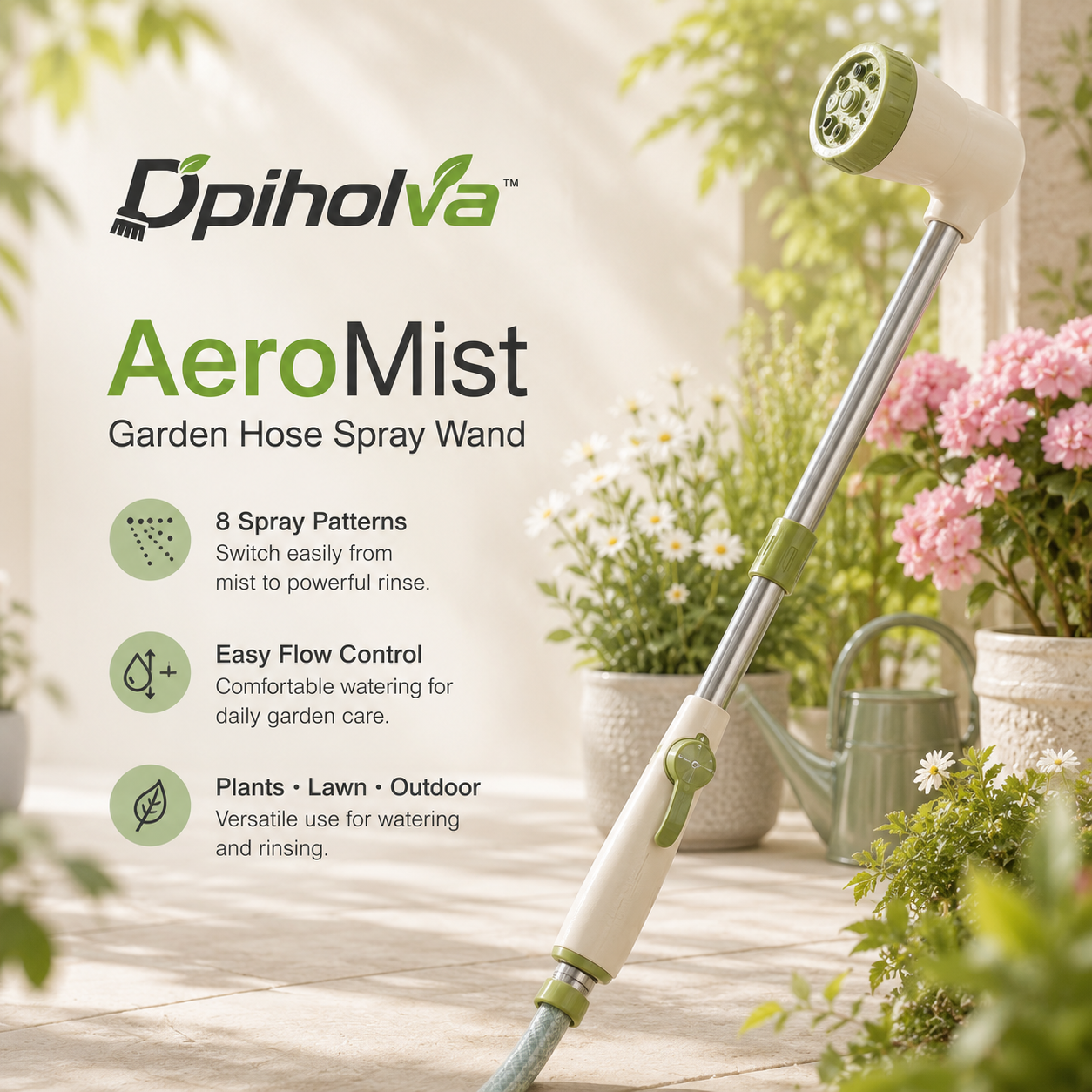 Dpiholva⢠AeroMist Garden Hose Spray Wand â 8-Pattern Watering Nozzle for Plants, Lawns & Outdoor Cleaning