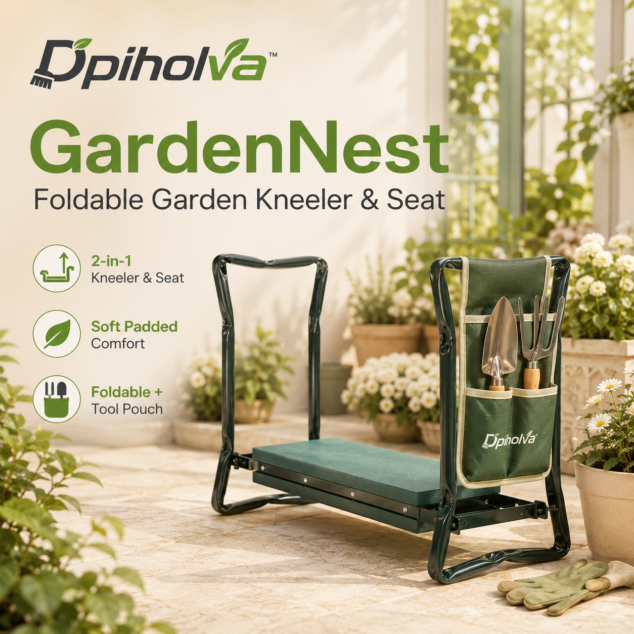 Dpiholva⢠GardenNest Foldable Garden Kneeler & Seat â Padded Gardening Bench with Tool Pouch