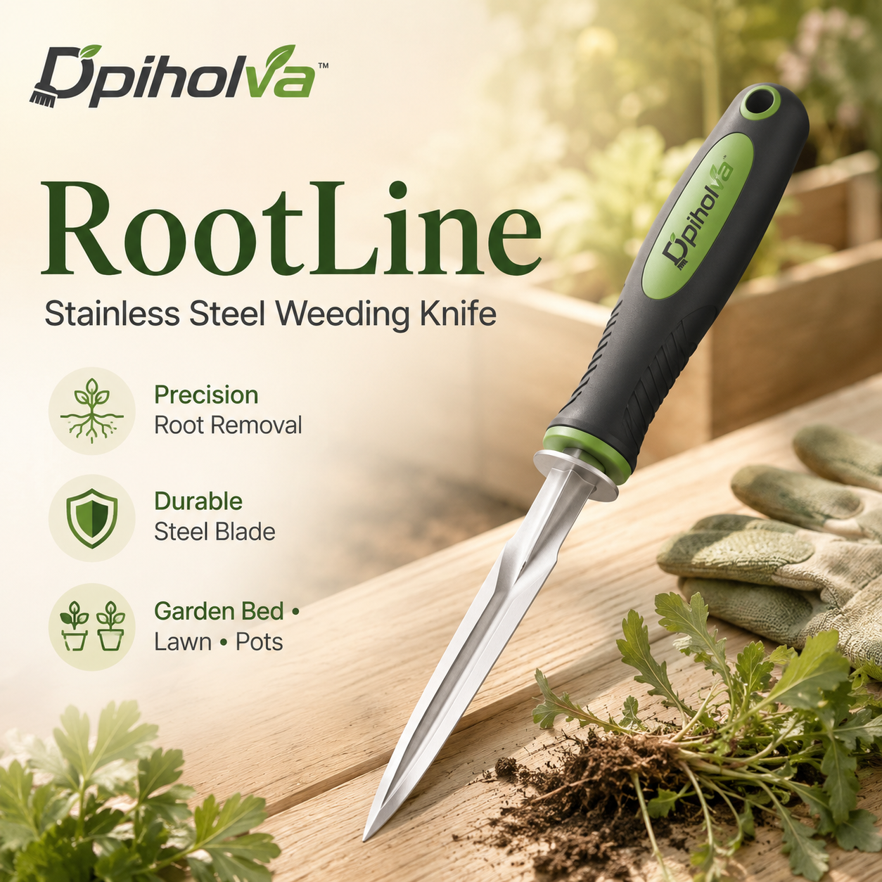 Dpiholva™ RootLine Stainless Steel Weeding Knife — Garden Weed Puller, Root Cutter & Soil Tool