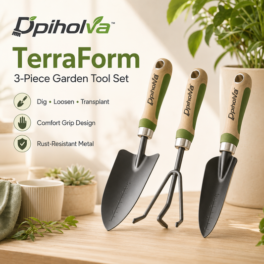 Dpiholva™ TerraForm 3-Piece Garden Hand Tool Set — Trowel, Cultivator & Transplanter Kit